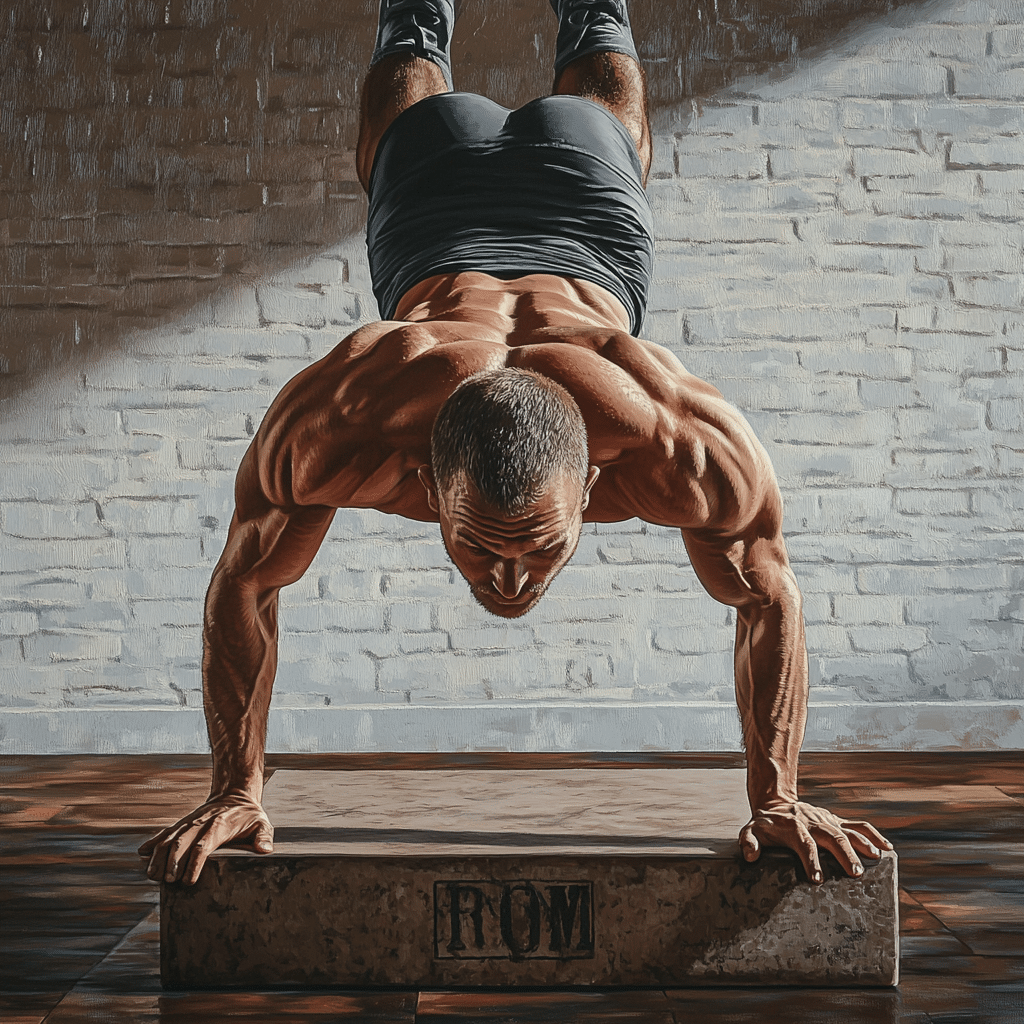 Un homme réalisant un handstand push up sur une surface surélevé