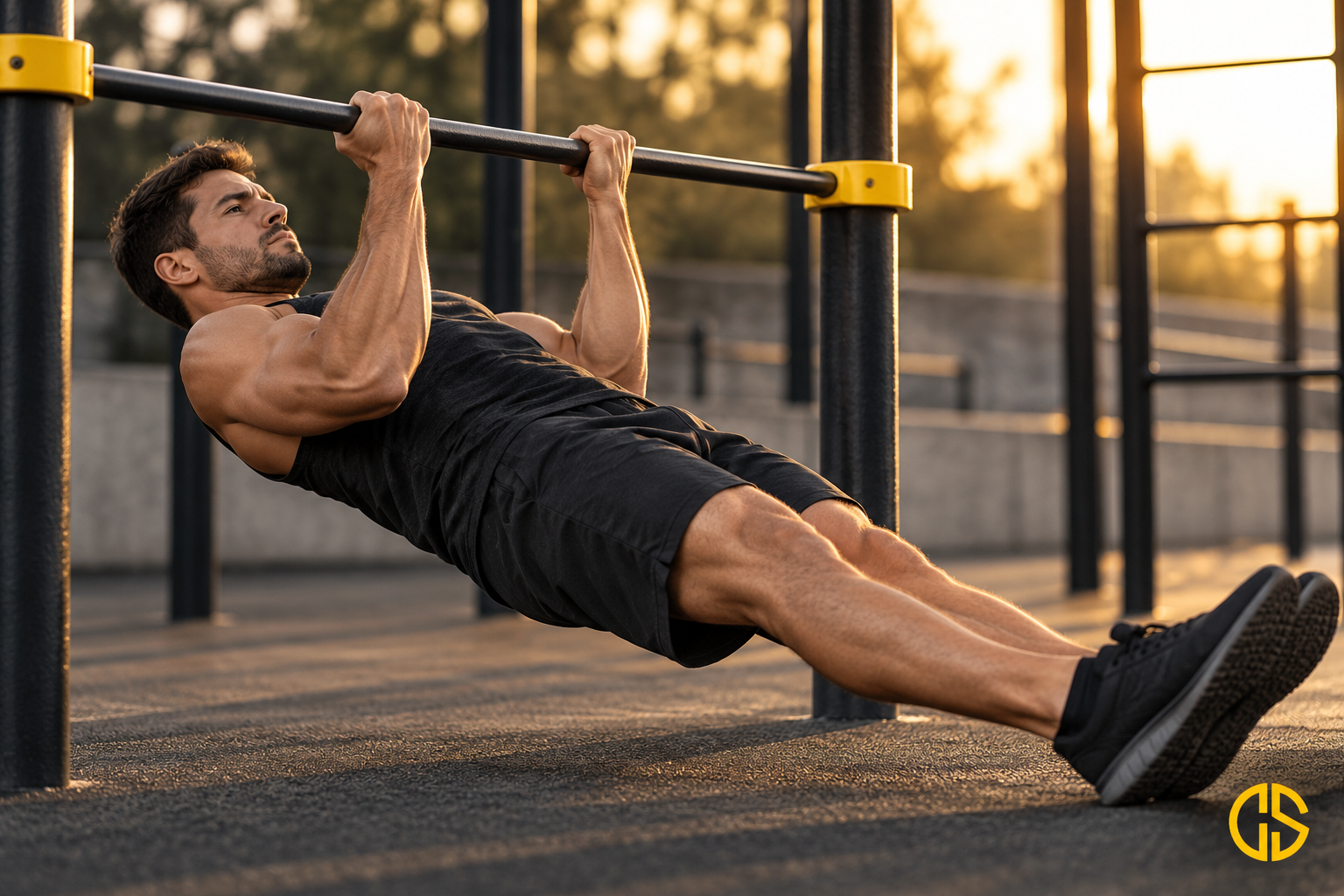 Athlète réalisant un exercice de biceps au poids du corps sous une barre