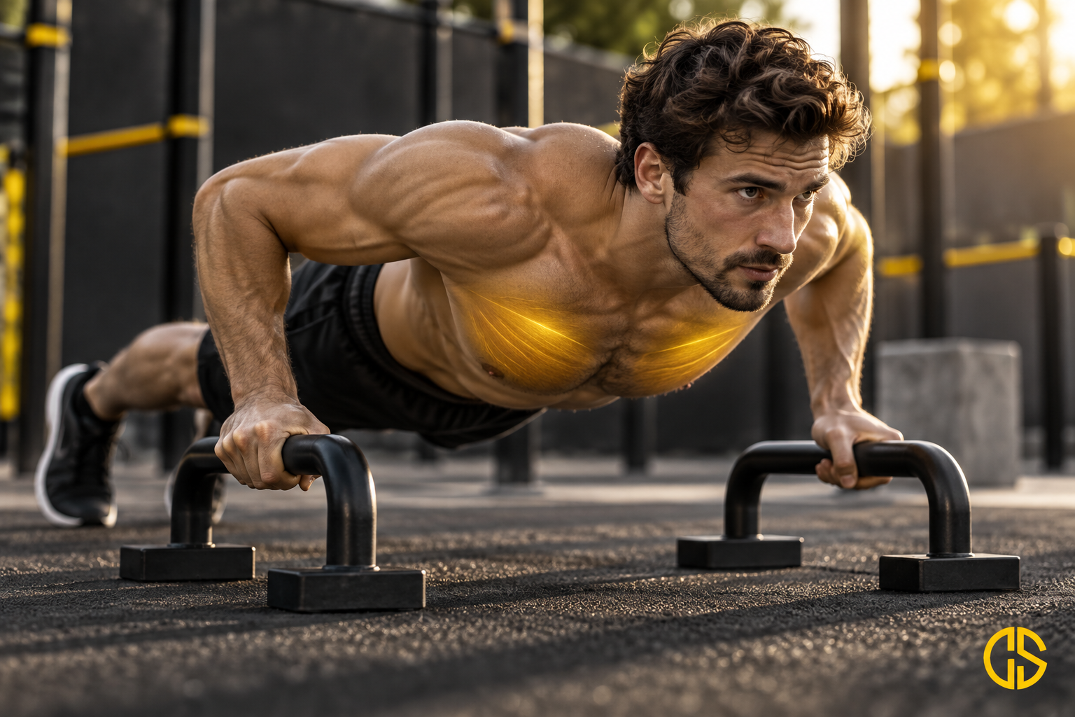 Athlète réalisant des pompes sur parallettes pour renforcer les pectoraux