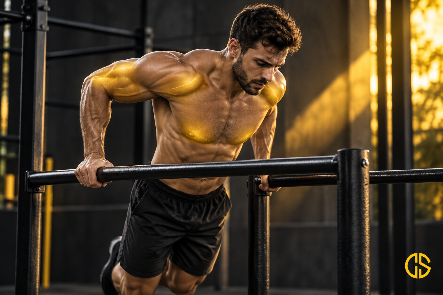 Athlète réalisant des dips avec les triceps et les pectoraux sollicités