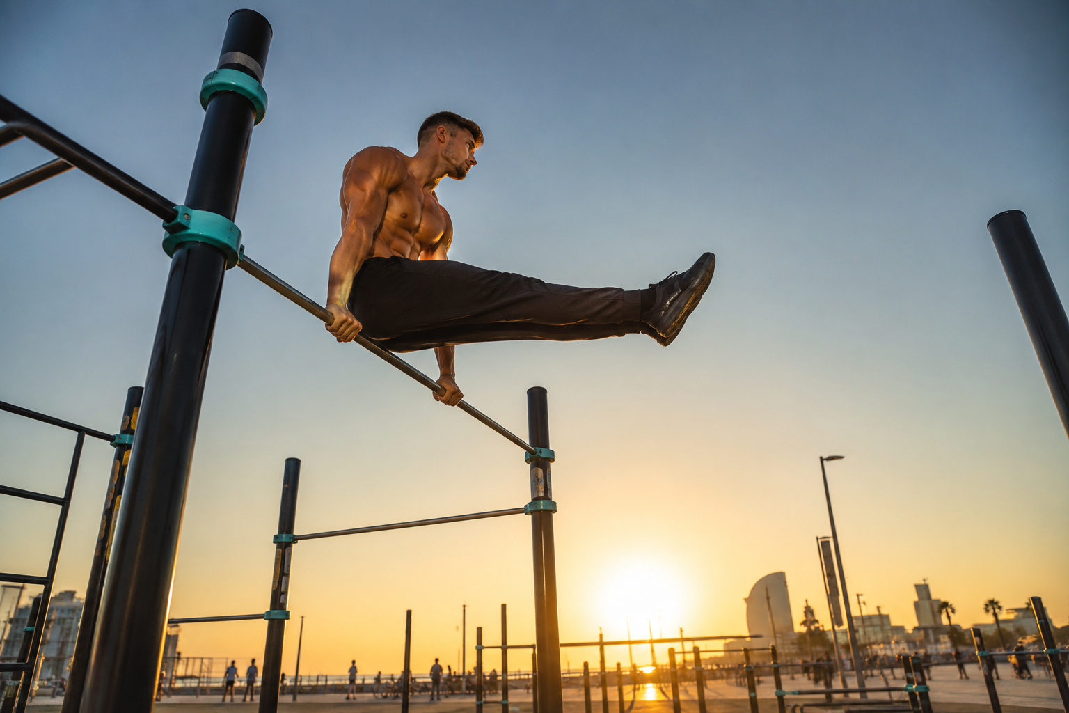 Pratiquant de street workout sur des barres en exterieur au coucher du soleil