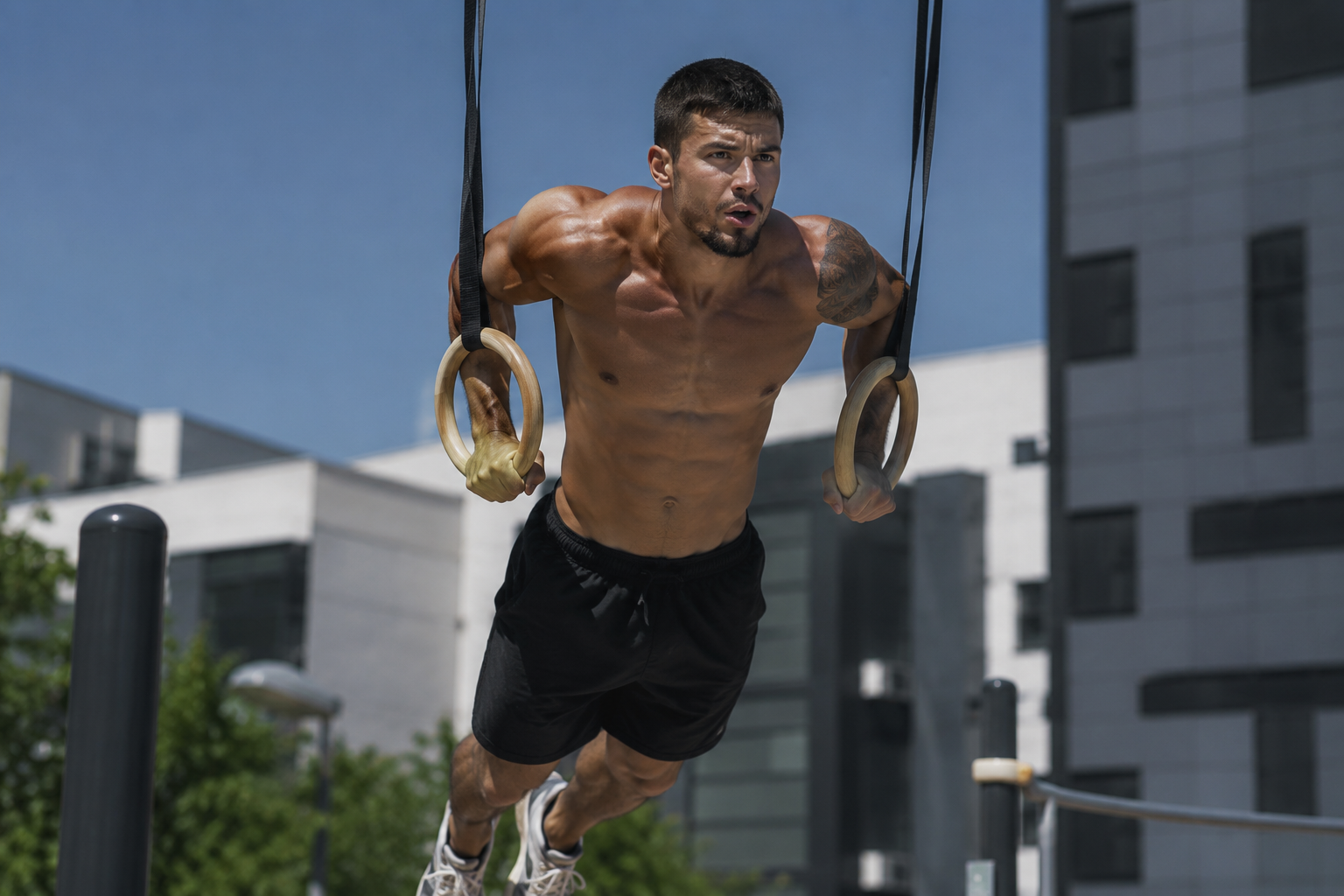 Pratiquant en plein muscle-up aux anneaux de gymnastique en exterieur